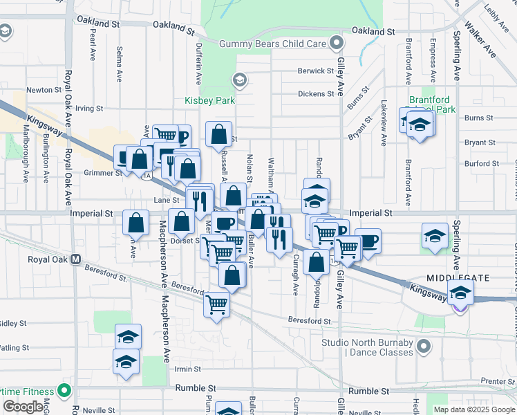 map of restaurants, bars, coffee shops, grocery stores, and more near 5929 Imperial Street in Burnaby