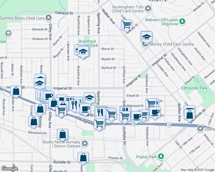 map of restaurants, bars, coffee shops, grocery stores, and more near 6759 Imperial Street in Burnaby