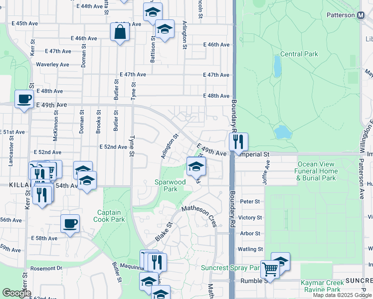 map of restaurants, bars, coffee shops, grocery stores, and more near 3554 East 49th Avenue in Vancouver