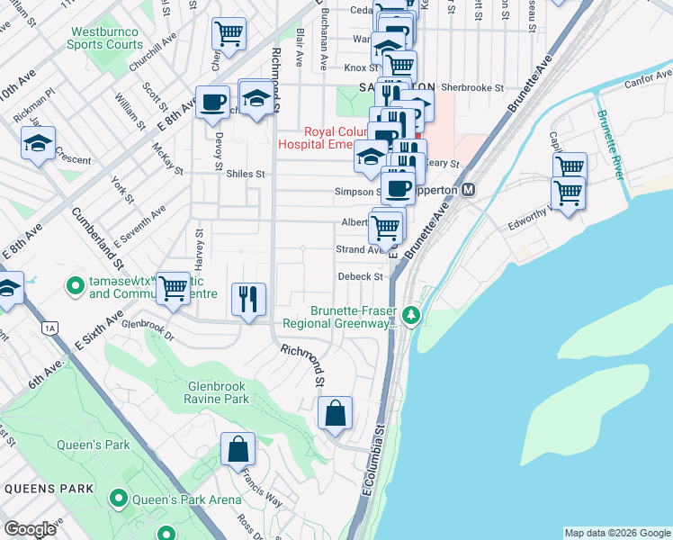map of restaurants, bars, coffee shops, grocery stores, and more near 122 Miner Street in New Westminster