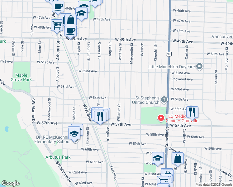 map of restaurants, bars, coffee shops, grocery stores, and more near 6975 Wiltshire Street in Vancouver