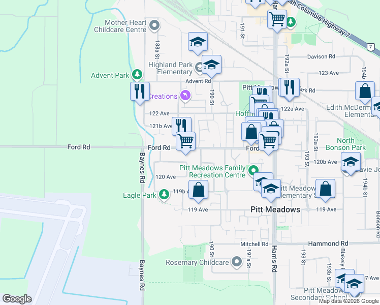 map of restaurants, bars, coffee shops, grocery stores, and more near 18940 Ford Road in Pitt Meadows