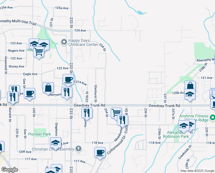 map of restaurants, bars, coffee shops, grocery stores, and more near 12100 234 Street in Maple Ridge