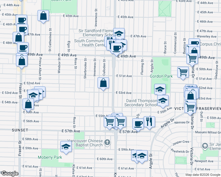 map of restaurants, bars, coffee shops, grocery stores, and more near 6855 Knight Street in Vancouver