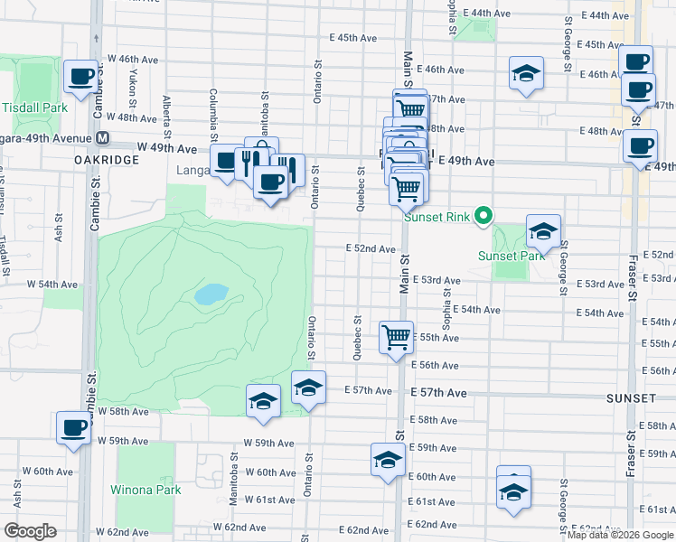 map of restaurants, bars, coffee shops, grocery stores, and more near 63 East 53rd Avenue in Vancouver