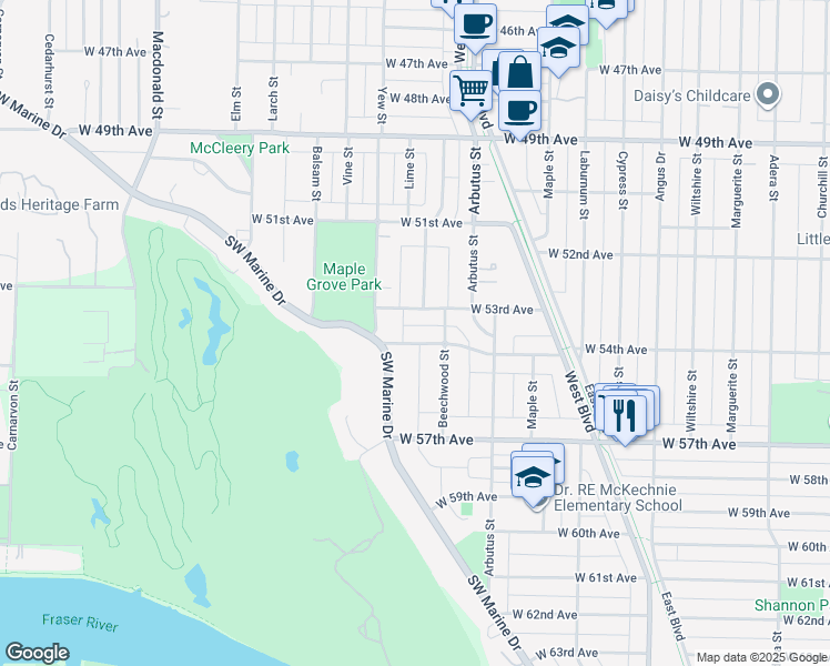 map of restaurants, bars, coffee shops, grocery stores, and more near 2177 West 54th Avenue in Vancouver