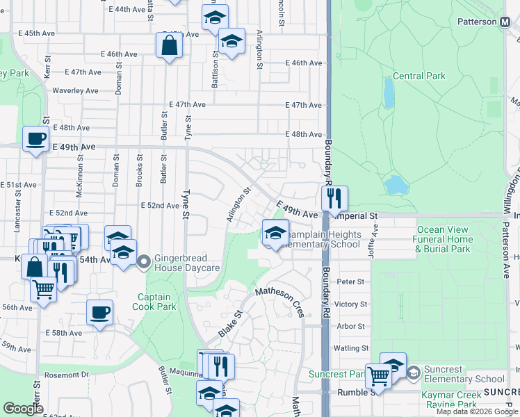 map of restaurants, bars, coffee shops, grocery stores, and more near 3554 East 49th Avenue in Vancouver
