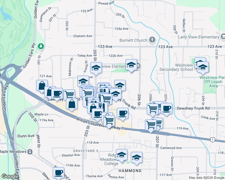 map of restaurants, bars, coffee shops, grocery stores, and more near 12079 204B Street in Maple Ridge