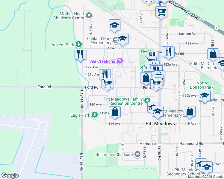 map of restaurants, bars, coffee shops, grocery stores, and more near 12120 189A Street in Pitt Meadows