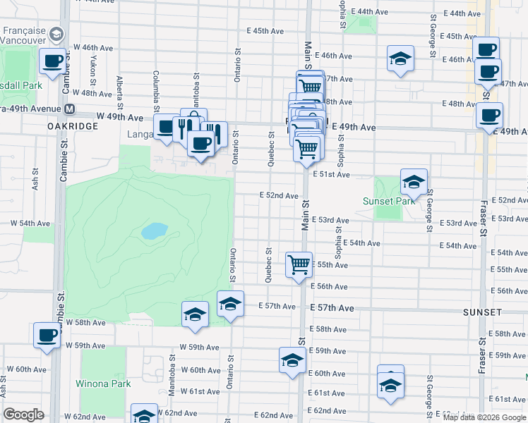 map of restaurants, bars, coffee shops, grocery stores, and more near 6879 Quebec Street in Vancouver