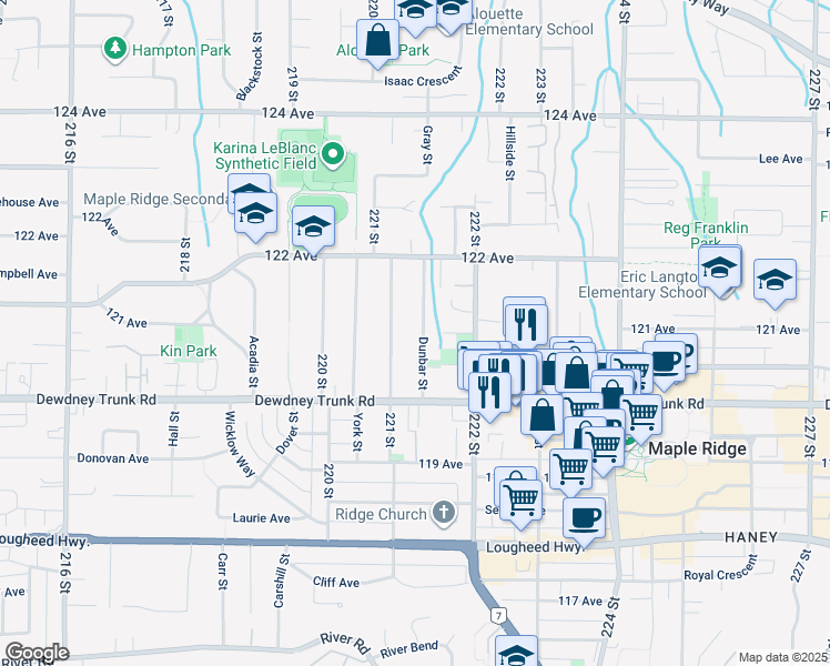 map of restaurants, bars, coffee shops, grocery stores, and more near 12085 Dunbar Street in Maple Ridge