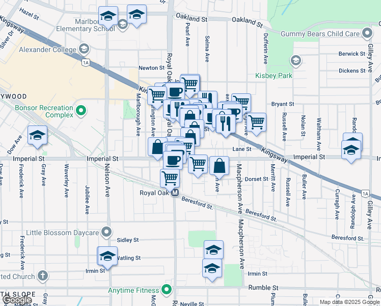 map of restaurants, bars, coffee shops, grocery stores, and more near 5355 Lane Street in Burnaby