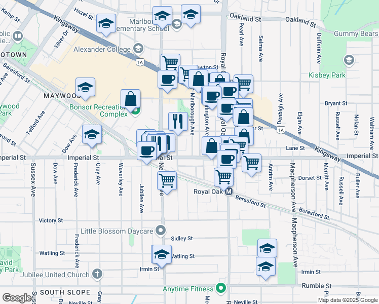 map of restaurants, bars, coffee shops, grocery stores, and more near 6785 Marlborough Avenue in Burnaby