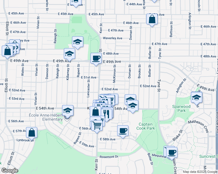 map of restaurants, bars, coffee shops, grocery stores, and more near 3155 East 52nd Avenue in Vancouver