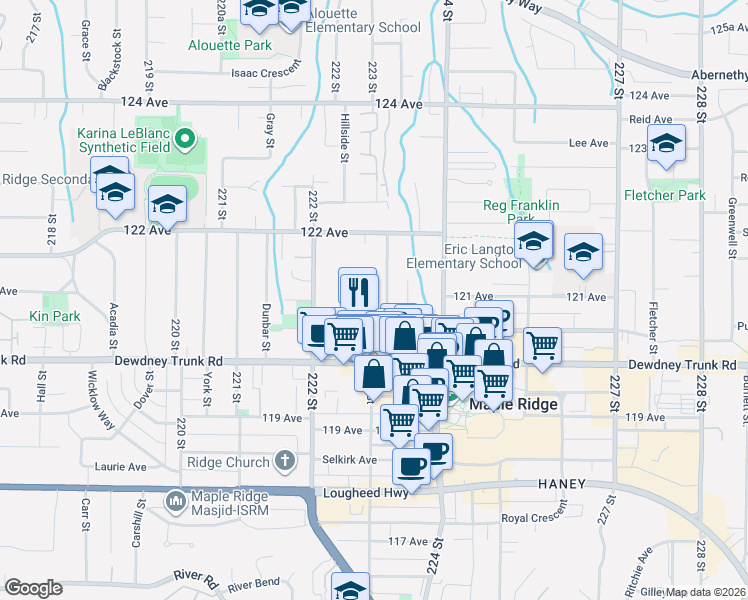 map of restaurants, bars, coffee shops, grocery stores, and more near in Maple Ridge