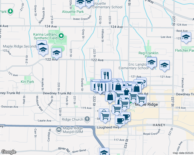 map of restaurants, bars, coffee shops, grocery stores, and more near 12111 222 Street in Maple Ridge
