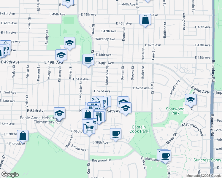 map of restaurants, bars, coffee shops, grocery stores, and more near 3223 East 52nd Avenue in Vancouver
