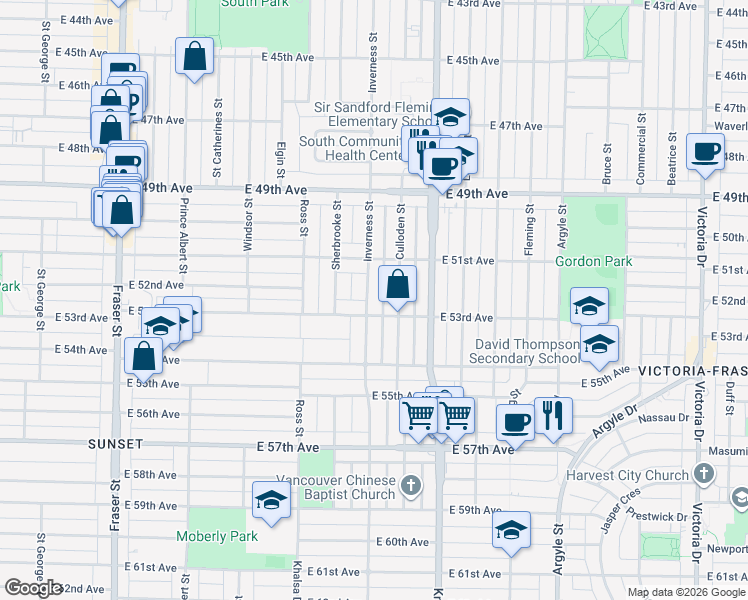 map of restaurants, bars, coffee shops, grocery stores, and more near 6828 Inverness Street in Vancouver