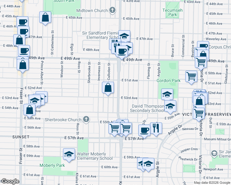 map of restaurants, bars, coffee shops, grocery stores, and more near 6835 Knight Street in Vancouver