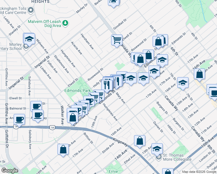 map of restaurants, bars, coffee shops, grocery stores, and more near 7217 Mary Avenue in Burnaby