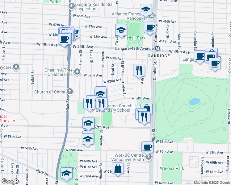 map of restaurants, bars, coffee shops, grocery stores, and more near 756 West 53rd Avenue in Vancouver