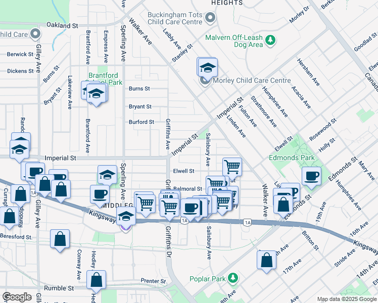 map of restaurants, bars, coffee shops, grocery stores, and more near 6995 McBride Street in Burnaby