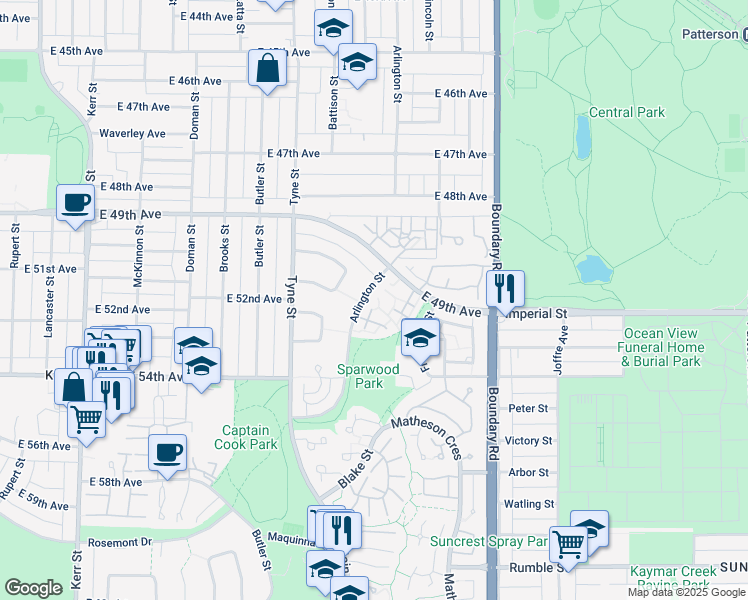 map of restaurants, bars, coffee shops, grocery stores, and more near 6650 Arlington Street in Vancouver