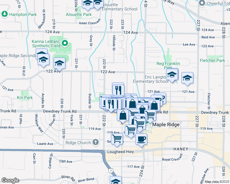 map of restaurants, bars, coffee shops, grocery stores, and more near 22225 Brown Avenue in Maple Ridge