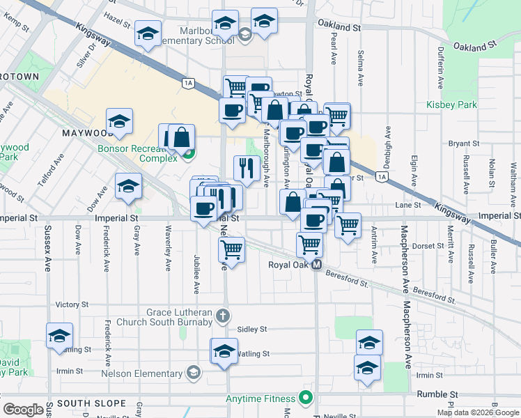 map of restaurants, bars, coffee shops, grocery stores, and more near 5051 Imperial Street in Burnaby