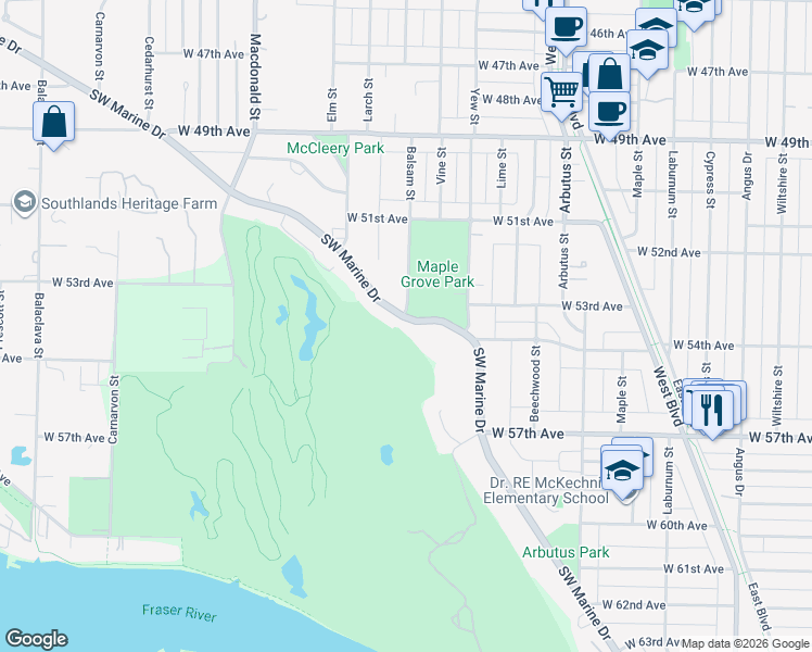 map of restaurants, bars, coffee shops, grocery stores, and more near 2388 Southwest Marine Drive in Vancouver