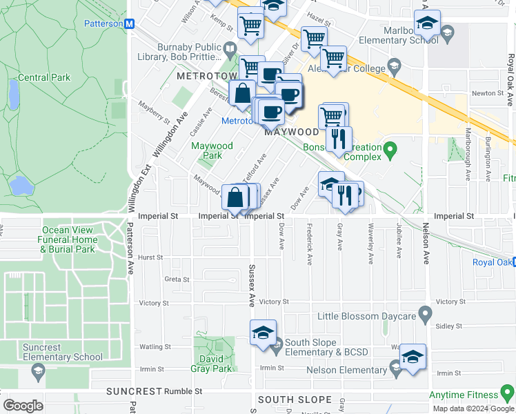 map of restaurants, bars, coffee shops, grocery stores, and more near 6774 Sussex Avenue in Burnaby