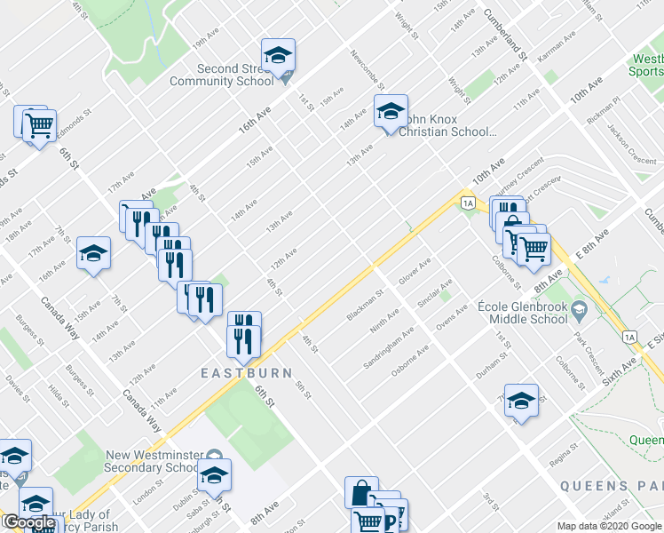 map of restaurants, bars, coffee shops, grocery stores, and more near 8068 11th Avenue in Burnaby