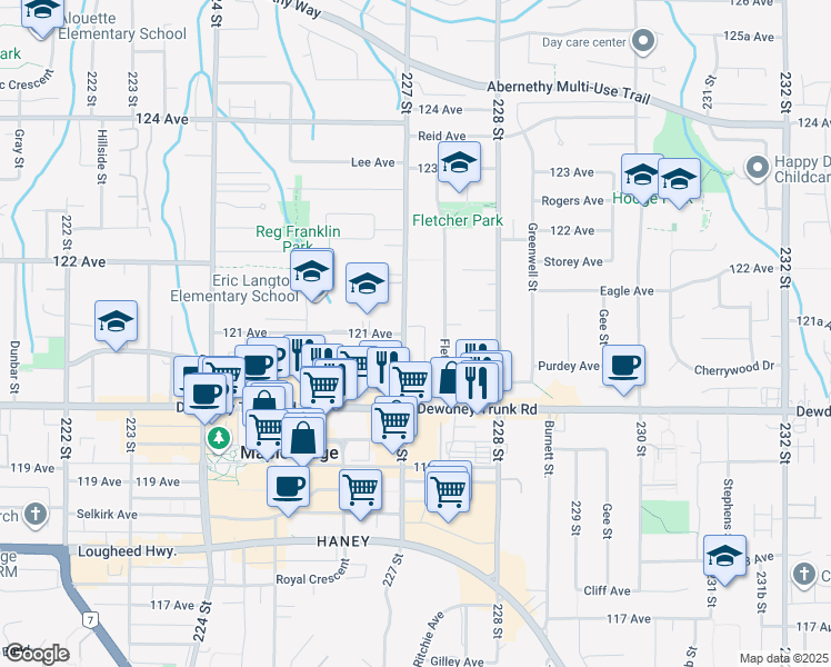 map of restaurants, bars, coffee shops, grocery stores, and more near 12090 227 Street in Maple Ridge