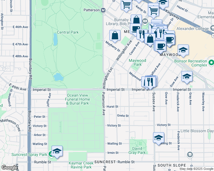 map of restaurants, bars, coffee shops, grocery stores, and more near 4105 Imperial Street in Burnaby