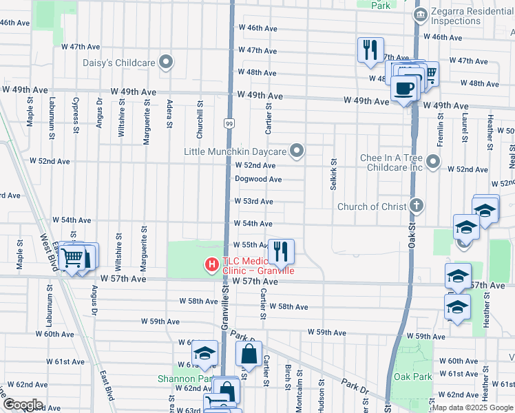 map of restaurants, bars, coffee shops, grocery stores, and more near 1420 West 53rd Avenue in Vancouver
