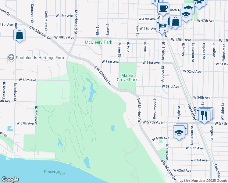 map of restaurants, bars, coffee shops, grocery stores, and more near 2408 Southwest Marine Drive in Vancouver