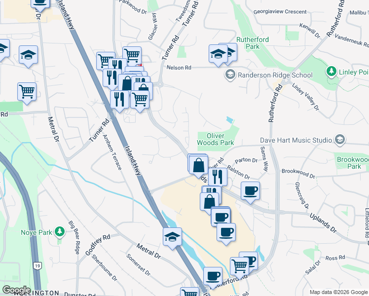 map of restaurants, bars, coffee shops, grocery stores, and more near 4752 Uplands Drive in Nanaimo