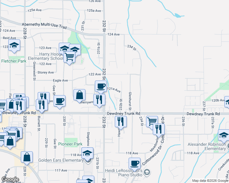 map of restaurants, bars, coffee shops, grocery stores, and more near 23258 121A Avenue in Maple Ridge