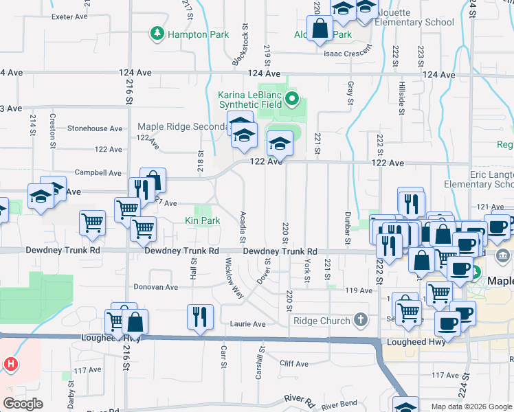 map of restaurants, bars, coffee shops, grocery stores, and more near 12105 Dover Street in Maple Ridge