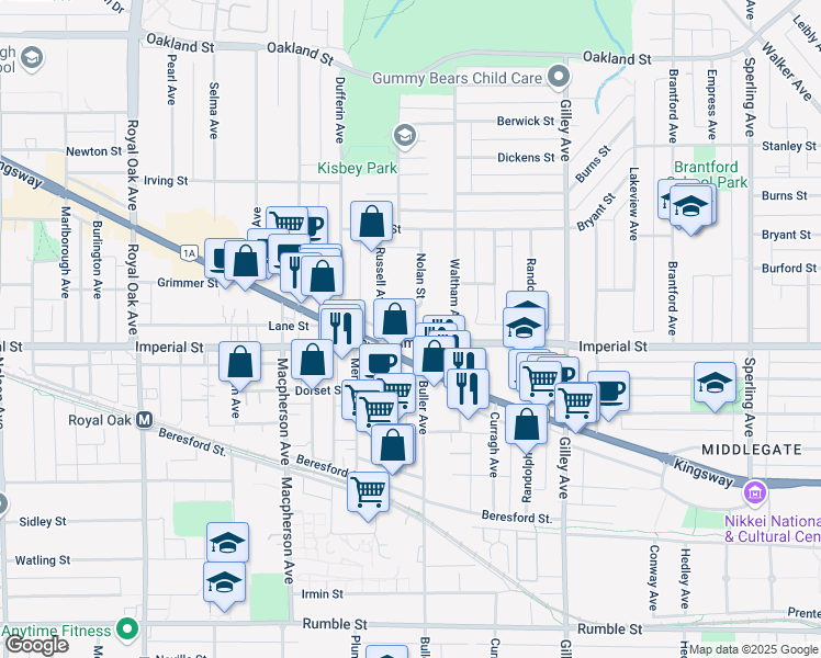 map of restaurants, bars, coffee shops, grocery stores, and more near 6738 Nolan Street in Burnaby