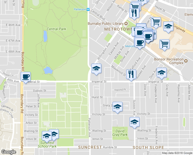 map of restaurants, bars, coffee shops, grocery stores, and more near 4105 Imperial Street in Burnaby