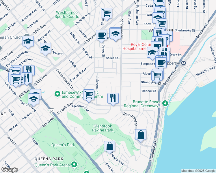 map of restaurants, bars, coffee shops, grocery stores, and more near 142 Carroll Street in New Westminster