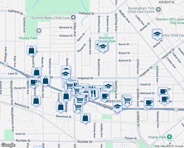 map of restaurants, bars, coffee shops, grocery stores, and more near 6760 Lakeview Avenue in Burnaby