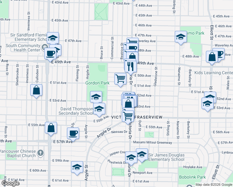 map of restaurants, bars, coffee shops, grocery stores, and more near 1886 East 52nd Avenue in Vancouver