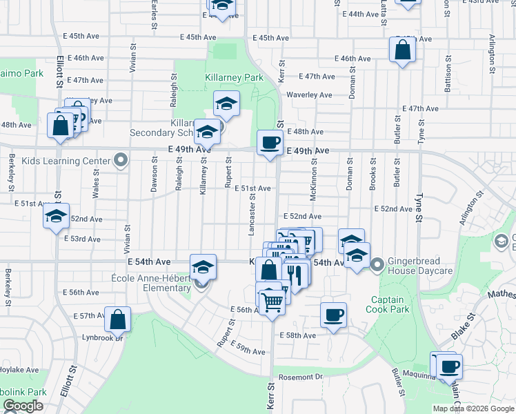 map of restaurants, bars, coffee shops, grocery stores, and more near 6756 Lancaster Street in Vancouver