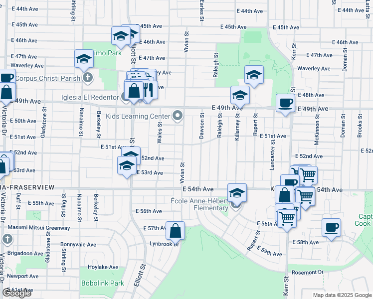 map of restaurants, bars, coffee shops, grocery stores, and more near 6722 Vivian Street in Vancouver