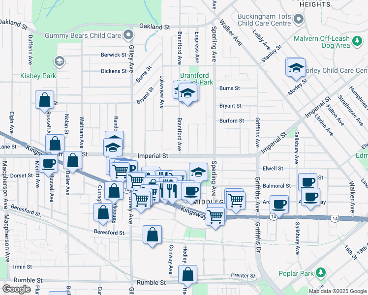 map of restaurants, bars, coffee shops, grocery stores, and more near 6760 Brantford Avenue in Burnaby