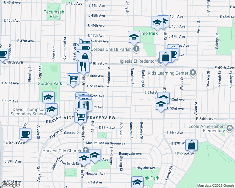 map of restaurants, bars, coffee shops, grocery stores, and more near 2235 East 52nd Avenue in Vancouver