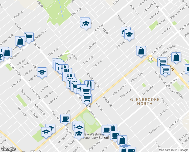map of restaurants, bars, coffee shops, grocery stores, and more near 8011 12th Avenue in Burnaby