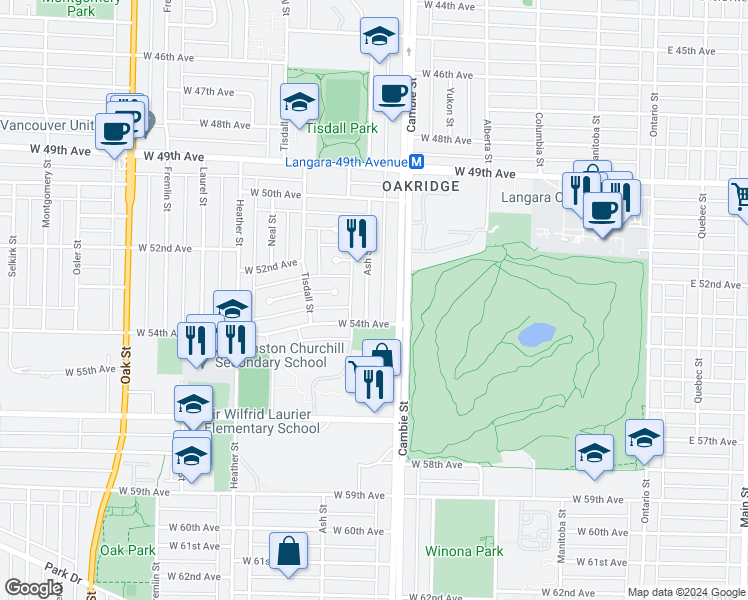 map of restaurants, bars, coffee shops, grocery stores, and more near 6922 Ash Street in Vancouver